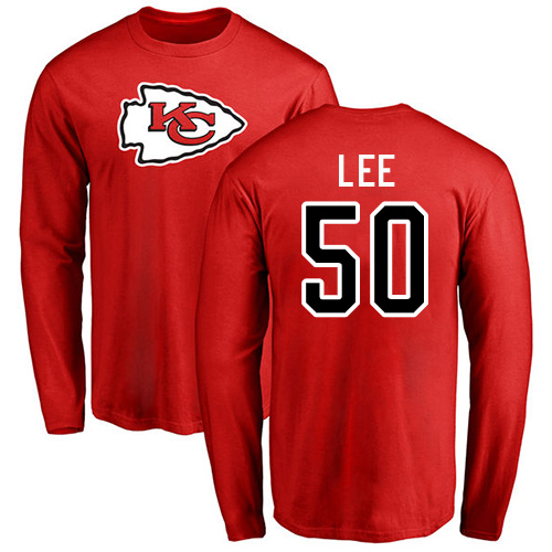 Men Kansas City Chiefs #50 Lee Darron Red Name and Number Logo Long Sleeve NFL T Shirt
